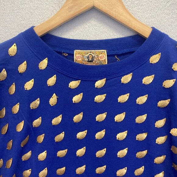 READ! Vintage Gene Ewing Bis Bis Gold Leaf Embellished Blue Knit Tee Top Small - Picture 5 of 16